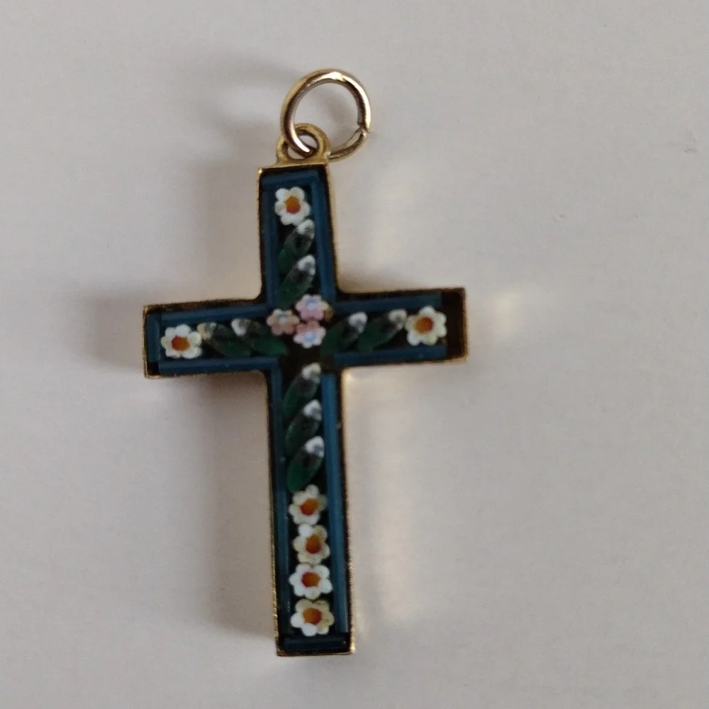 Vintage Venetian Micro Mosaic Glass Forget Me Not Flowers Cross